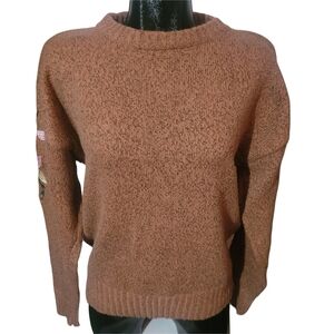 Primark Brown Heathered Knit Crewneck Sweater With Embroidered Sleeves M